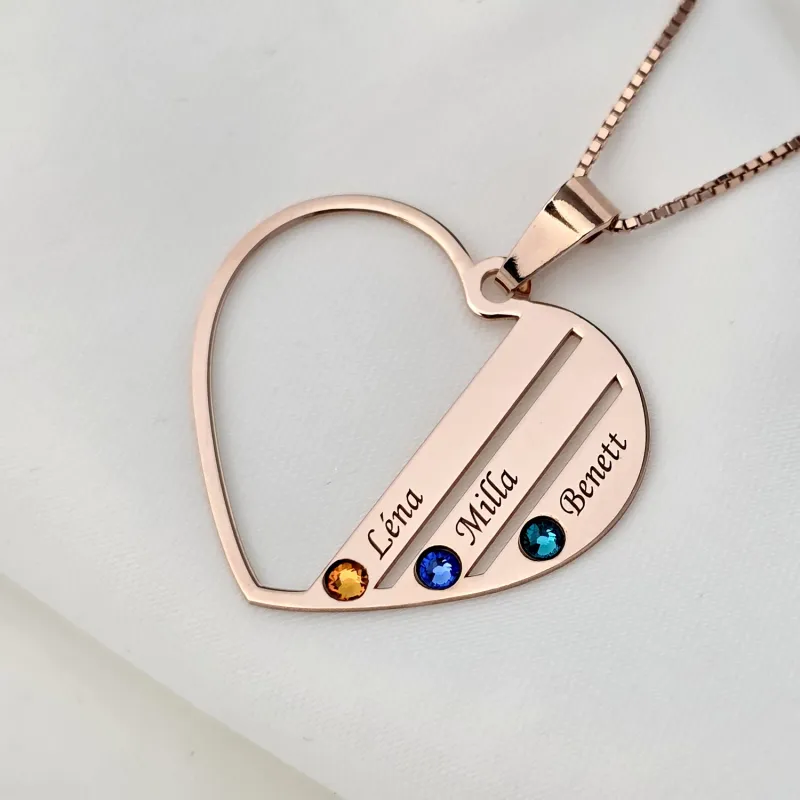 Családi Szív Nyaklánc - 3 Név - 18K Rozé Aranyozott 925 Sterling Ezüst  Swarovski Kristály - Körkapocs