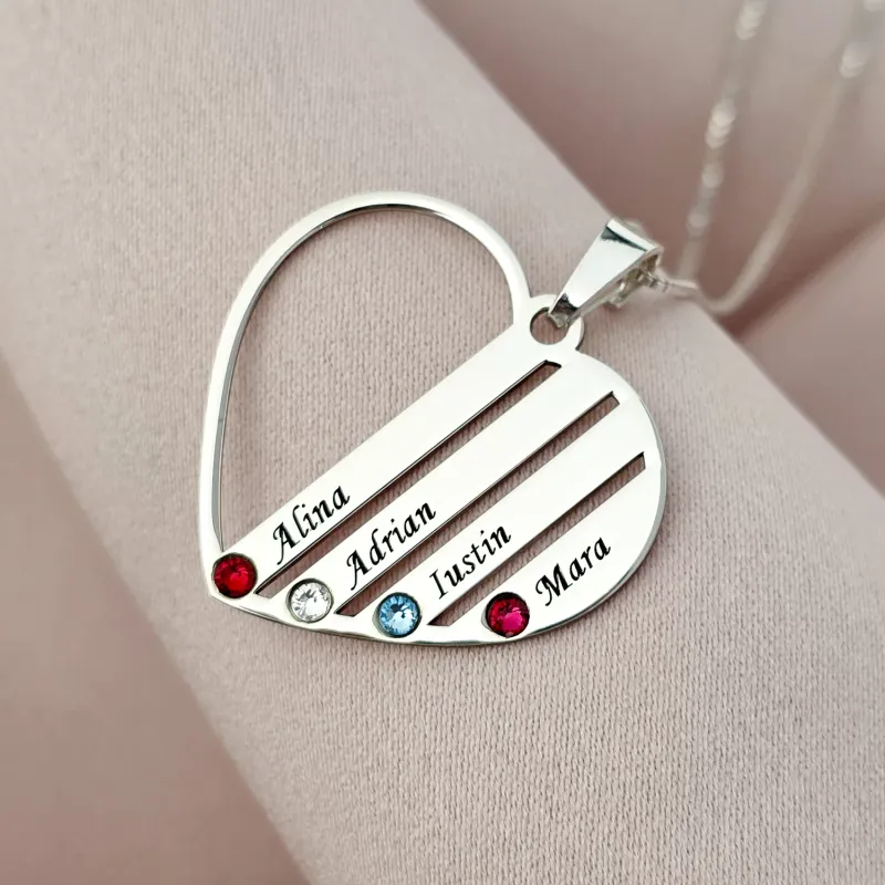 Családi Szív Nyaklánc - 4 Név - 925 Sterling Ezüst  Swarovski Kristály - Körkapocs