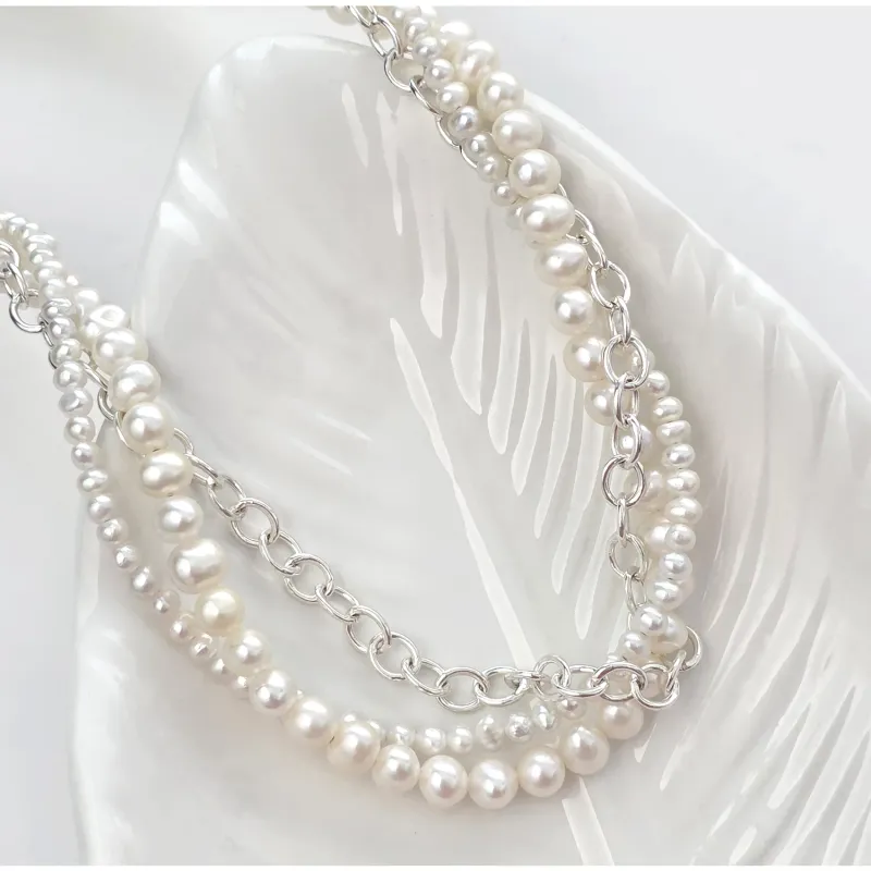 Elegancia Fonata Nyaklánc – Két Gyöngysor és Lánc – 925 sterling ezüst ✨
