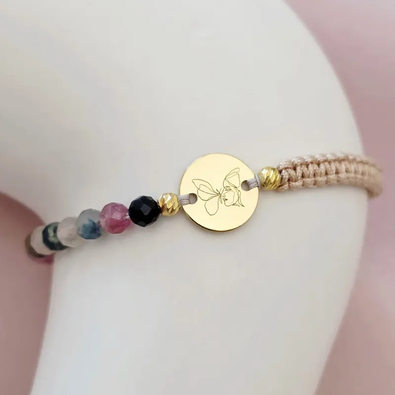 ÉLETERŐ Karkötő - A Szépség Metamorfózisa - 18K Sárga Aranyozott Sterling Ezüst érmével és gömbökkel 2.5 mm - fazettált Turmalin ásvány gyöngyökkel - állítható nude zsinór