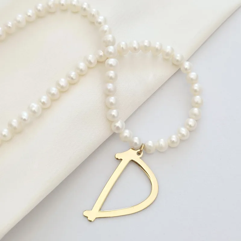 Óriás Kezdőbetű Nyaklánc - Betű és Gyöngysor - 18K Sárga Aranyozott 925 Sterling Ezüst