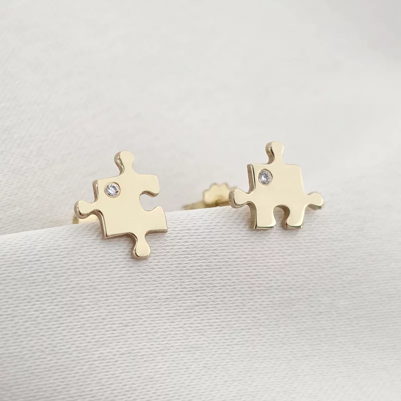 Puzzle Fülbevaló - 14K Sárga Arany - Természetes Gyémánt - Stekkeres