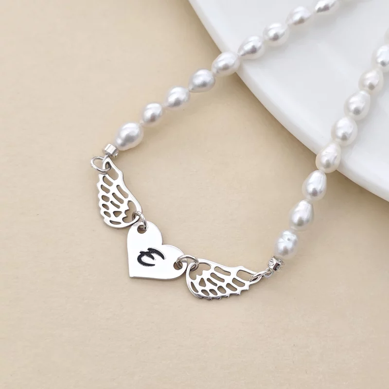 Szárnyas Szív Nyaklánc – Rizsszem Gyöngysor – 925 Sterling Ezüst