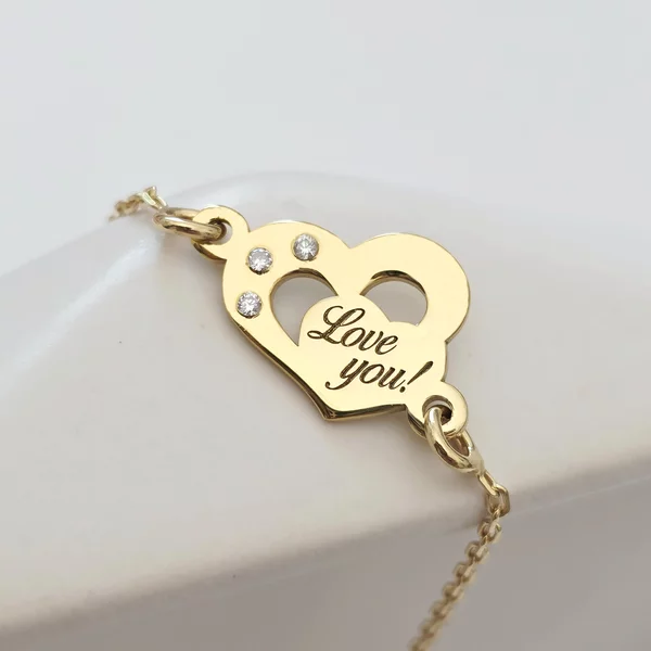 Személyre szabott karkötő - A Szerelem Rezgései - Szív 3 Természetes Gyémánttal és lánccal - 925-ös Ezüst 18K Sárga arany bevonattal