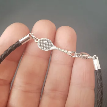 Teniszütő Karkötő - 925 Sterling Ezüst Érme - Fekete Fonott Bőr - Karabíner Kapocs