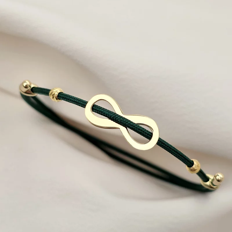 Végtelenem Karkötő – Végtelen Medál - 2 db 3 mm-es golyó – 18K Sárga Aranyozott 925 Sterling Ezüst - Vastag Zöld Állítható Zsinór