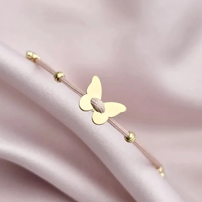 Brățara Aripi de Catifea - cu Fluture - Șnur roz Gros si 2 bilute de 3 mm - Argint 925 placat cu Aur Galben 18K