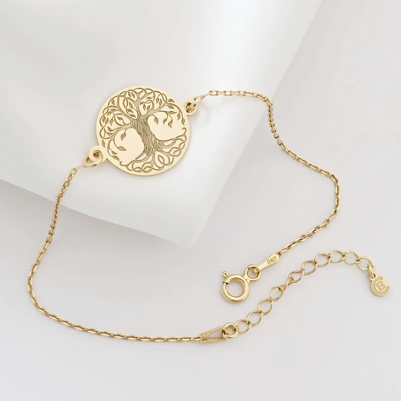 Bratara banut cu copacul vietii gravat - Argint 925 placat cu Aur Galben 18K si lantisor picture - 3