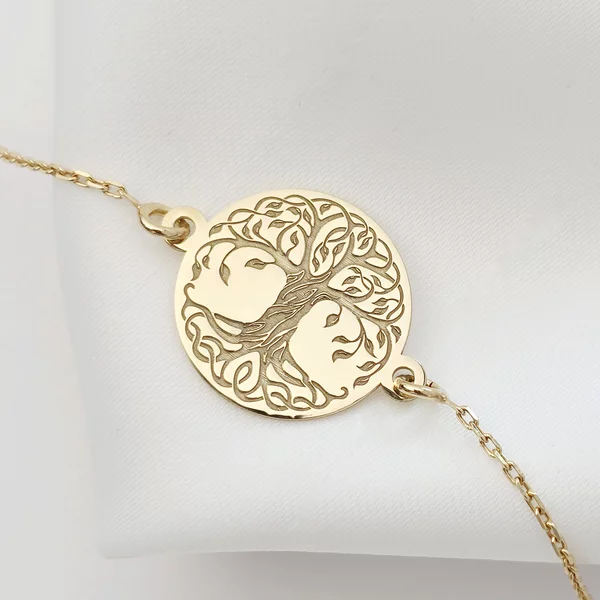 Bratara banut cu copacul vietii gravat - Argint 925 placat cu Aur Galben 18K si lantisor