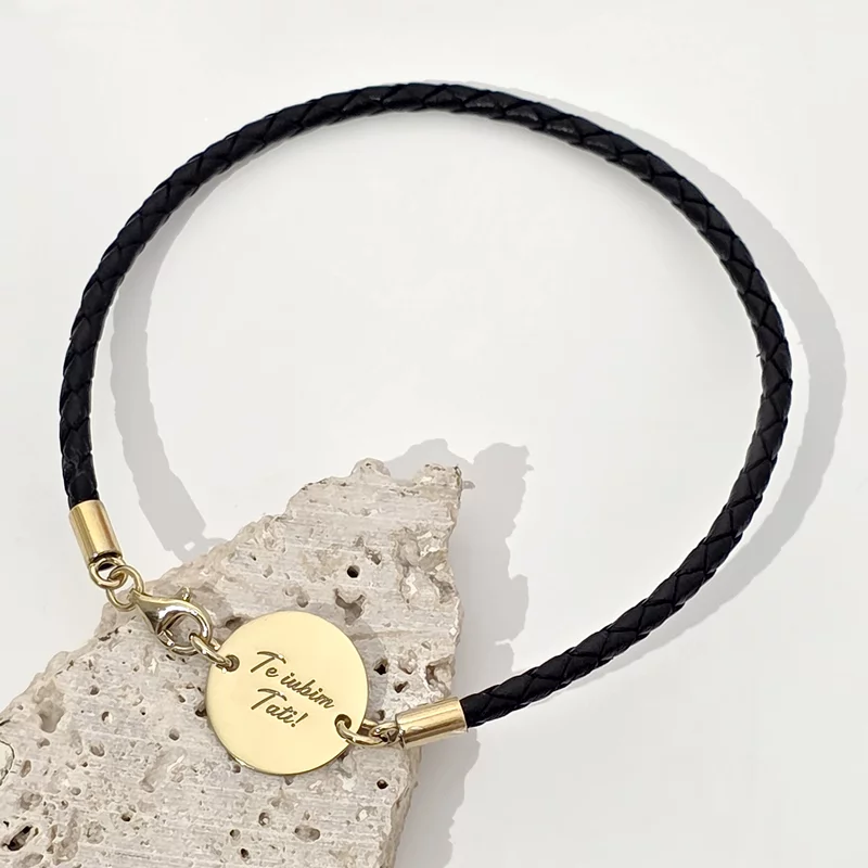 Bratara banut cu mesaj - Te iubim tati - Argint 925 placat cu Aur Galben 18K, piele impletita picture - 3