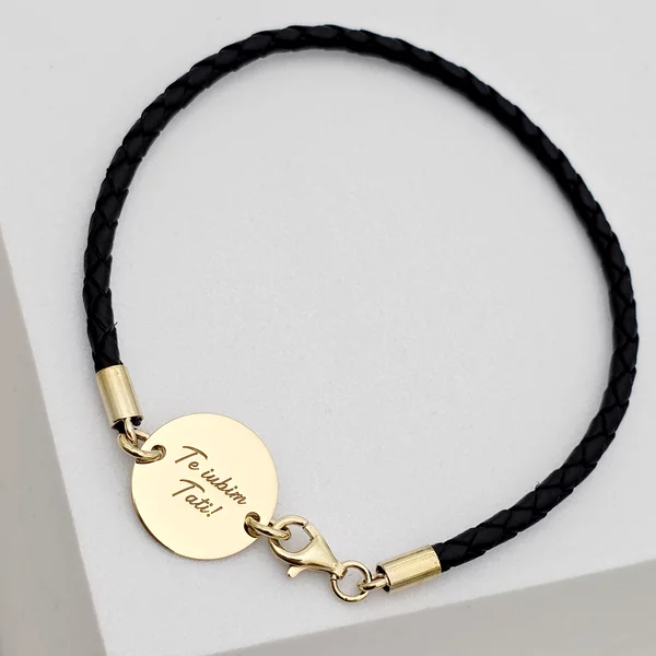 Bratara banut cu mesaj - Te iubim tati - Argint 925 placat cu Aur Galben 18K, piele impletita