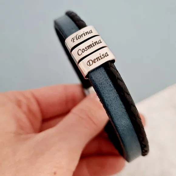 Bratara barbateasca Blue&Black - 3 Elemente inox arginti - Piele in 2 culori cu inchizatoare clips din inox