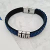 Bratara barbateasca Blue Sky - 3 Elemente inox arginti - Piele impletita albastra cu inchizatoare clips din inox