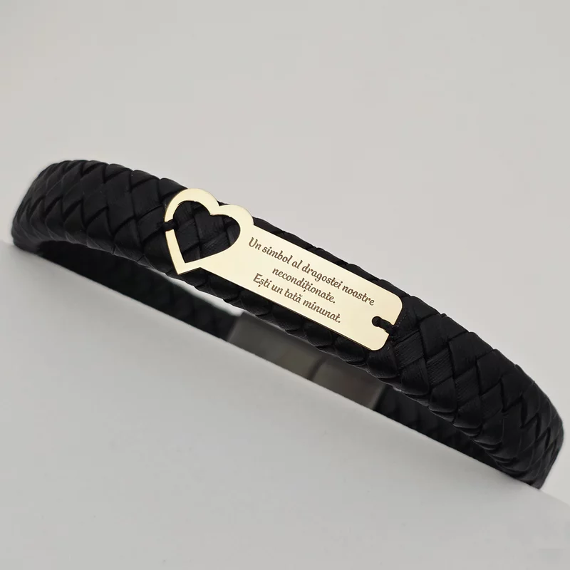 Bratara barbateasca - Inima si placuta personalizata - Aur Galben 9K - Piele lata impletita cu inchizatoare inox picture - 1
