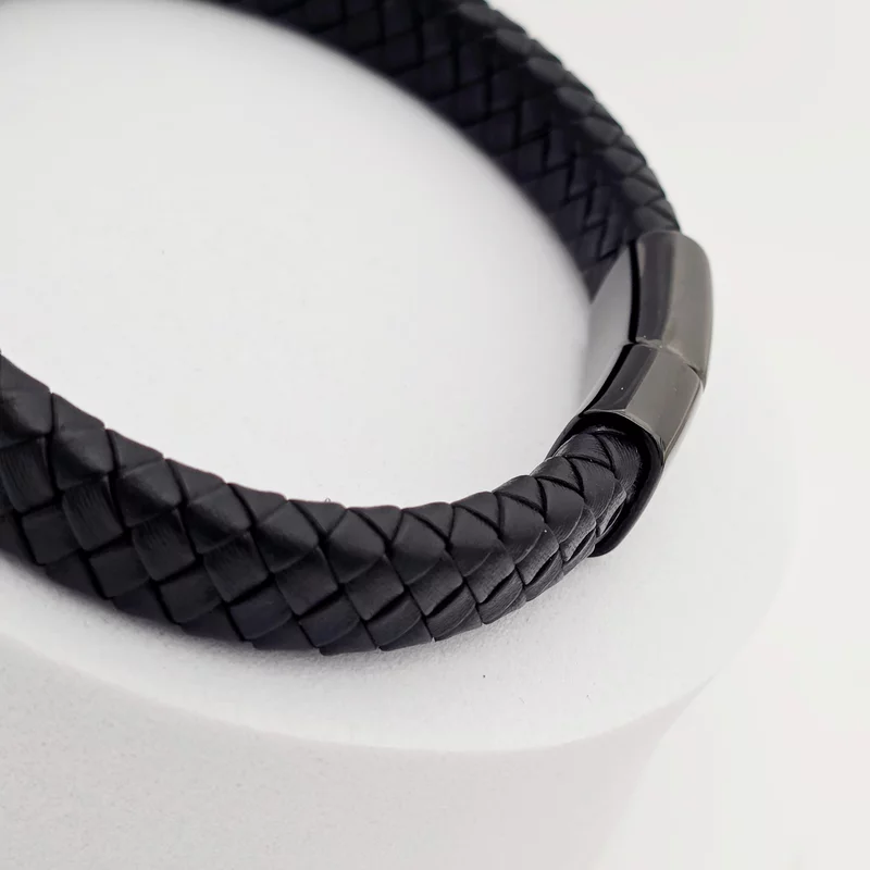 Bratara barbateasca - Inima si placuta personalizata - Aur Galben 9K - Piele lata impletita cu inchizatoare inox picture - 5