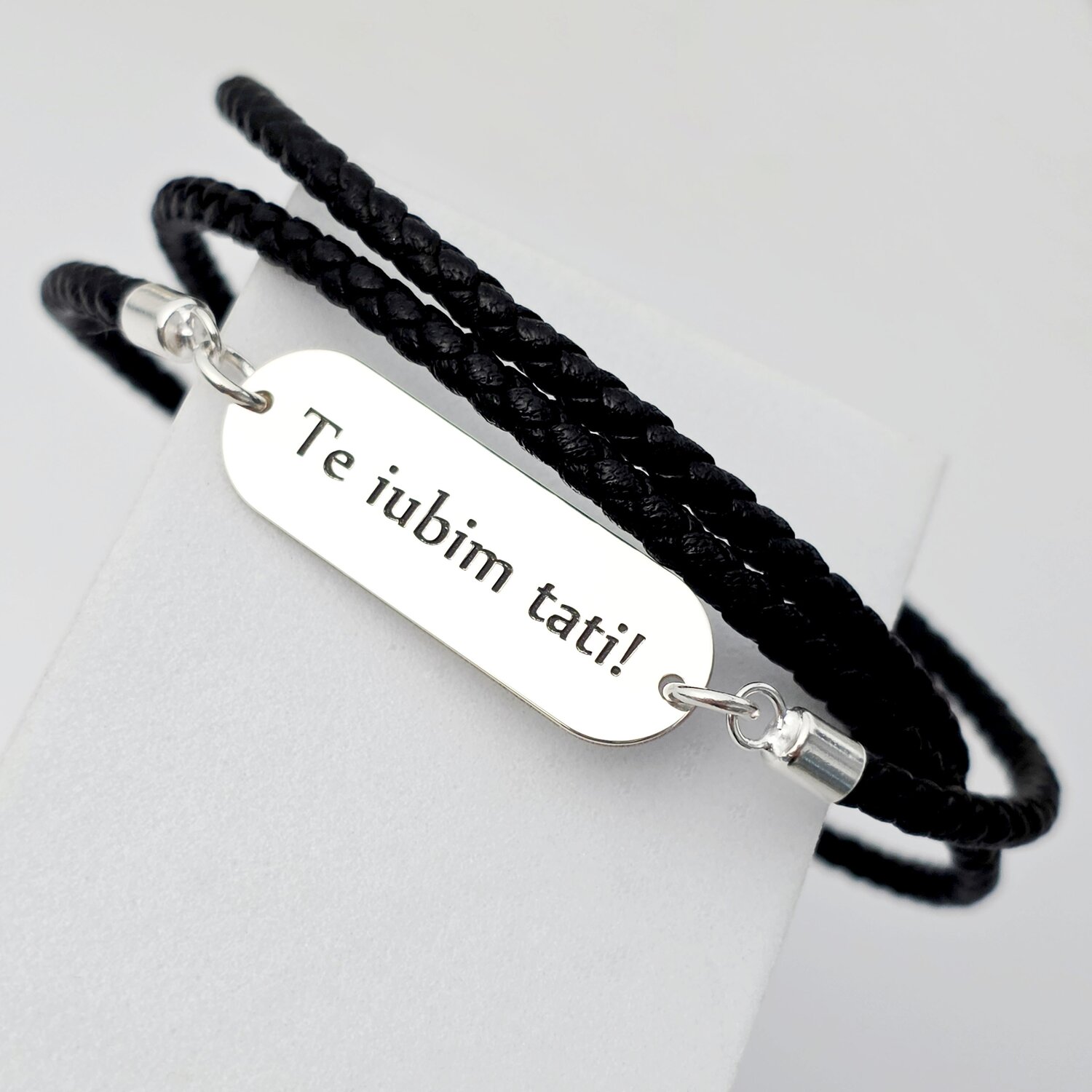 Bratara barbati - Placuta din Argint 925 personalizata - 3 straturi de piele impletita - inchizatoare carabina