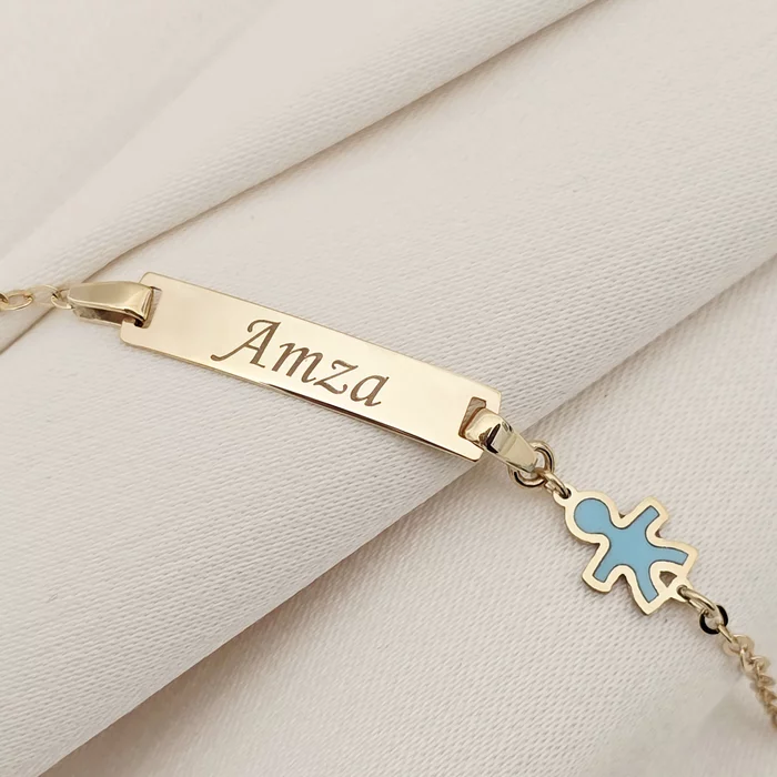 Bratara bebe - Personalizata cu nume - Placuta cu baiat si lant gros - Aur Galben 9K si Blue Mother of Pearl