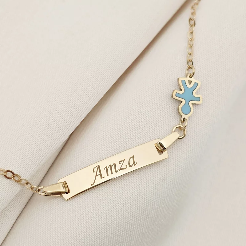 Bratara bebe - Personalizata cu nume - Placuta cu baiat si lant gros - Aur Galben 9K si Blue Mother of Pearl picture - 3