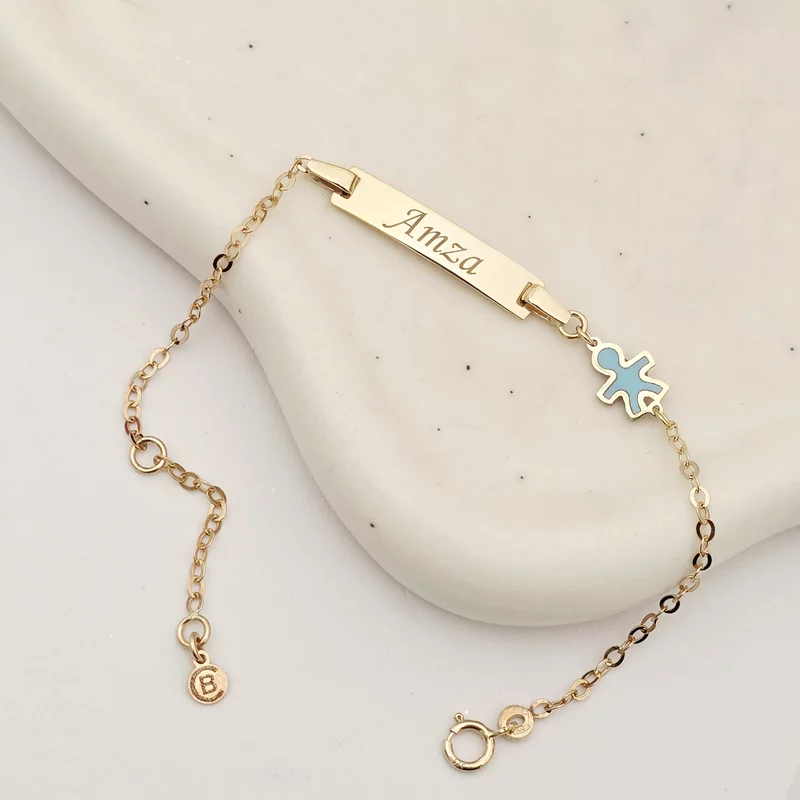 Bratara bebe - Personalizata cu nume - Placuta cu baiat si lant gros - Aur Galben 9K si Blue Mother of Pearl picture - 4