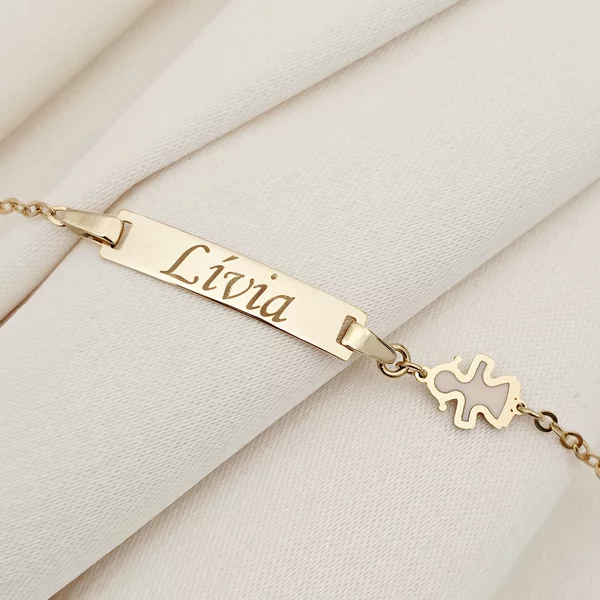 Bratara bebe - Personalizata cu nume - Placuta cu fetita  si lant gros - Aur Galben 9K si Pink Mother of Pearl