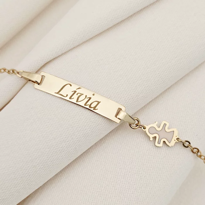 Bratara bebe - Personalizata cu nume - Placuta cu fetita si lant gros - Aur Galben 9K si Pink Mother of Pearl