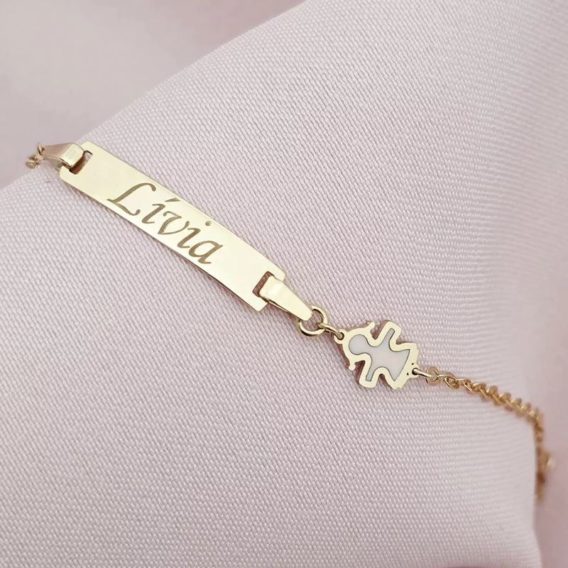 Bratara bebe - Personalizata cu nume - Placuta cu fetita  si lant gros - Aur Galben 9K si Pink Mother of Pearl picture - 2