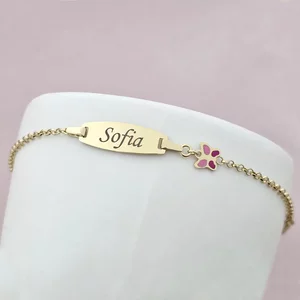 Bratara bebe - Placuta cu nume - Fluturas colorat si lantisor - Argint 925 placat cu Aur Galben 18K