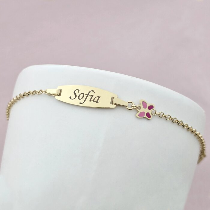 Bratara bebe - Placuta cu nume - Fluturas colorat si lantisor - Argint 925 placat cu Aur Galben 18K