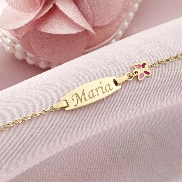 Bratara bebe - Placuta cu nume - Fluturas colorat si lantisor - Argint 925 placat cu Aur Galben 18K