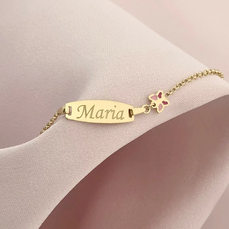 Bratara bebe - Placuta cu nume - Fluturas colorat si lantisor - Argint 925 placat cu Aur Galben 18K picture - 3