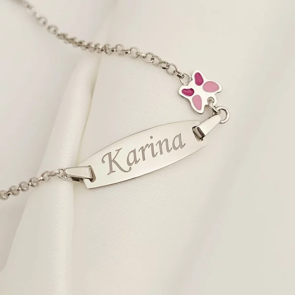 Bratara bebe - Placuta cu nume - Fluturas colorat si lantisor - Argint 925 Rodiat