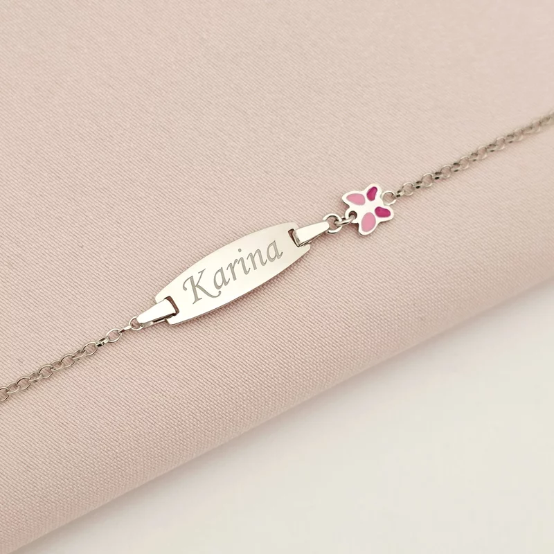 Bratara bebe - Placuta cu nume - Fluturas colorat si lantisor - Argint 925 Rodiat picture - 3