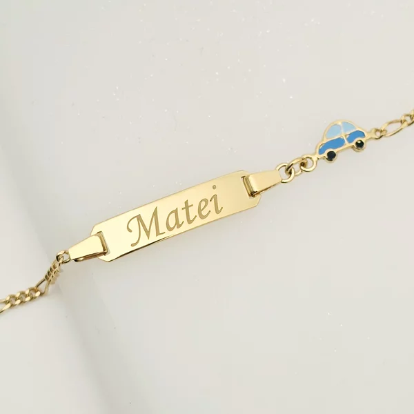 Bratara bebe - Placuta cu nume - Masinuta colorata si lantisor - Argint 925 placat cu Aur Galben 18K
