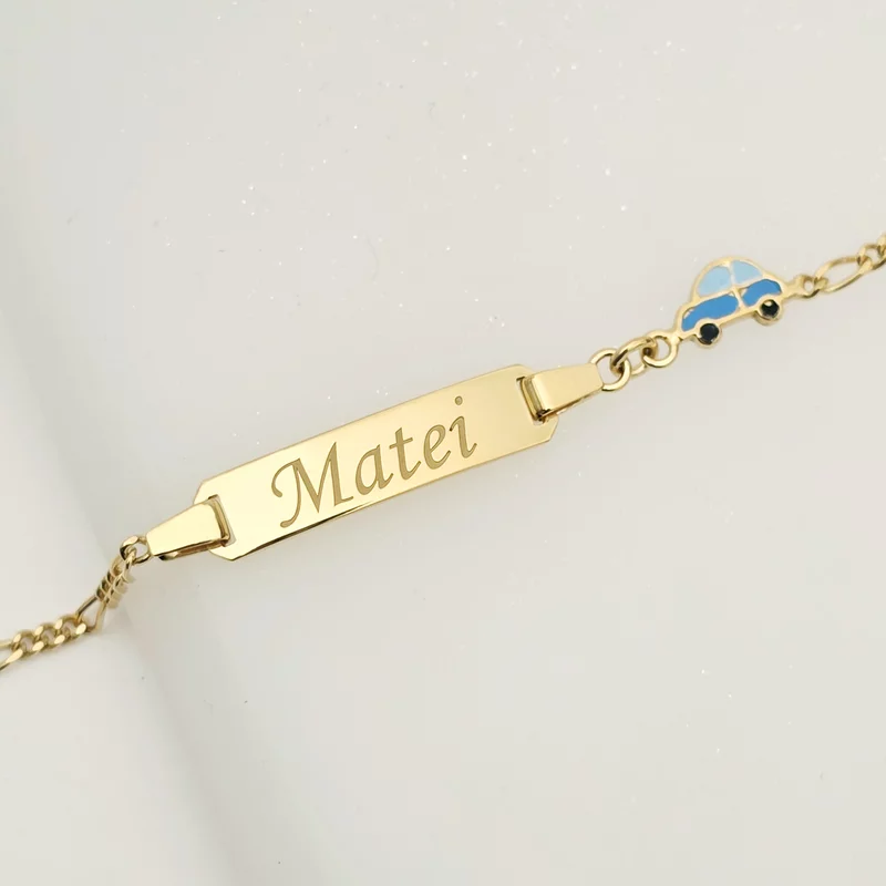 Bratara bebe - Placuta cu nume - Masinuta colorata si lantisor - Argint 925 placat cu Aur Galben 18K