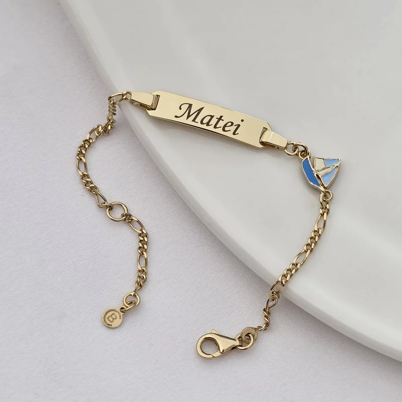 Bratara bebe - Placuta cu nume - Simbol barcuta colorata si lantisor - Argint 925 placat cu Aur Galben 18K picture - 3