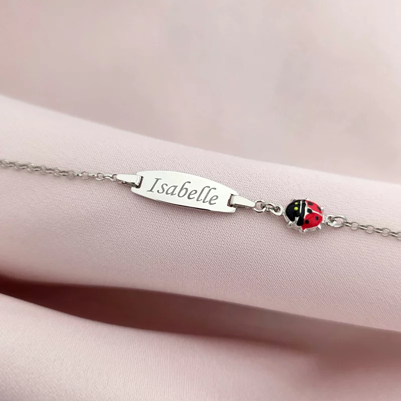Bratara bebe - Placuta cu nume - Simbol buburuza colorata si lantisor - Argint 925 picture - 1