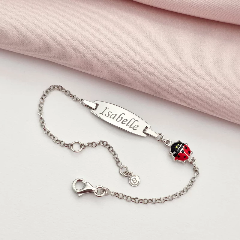 Bratara bebe - Placuta cu nume - Simbol buburuza colorata si lantisor - Argint 925 picture - 4