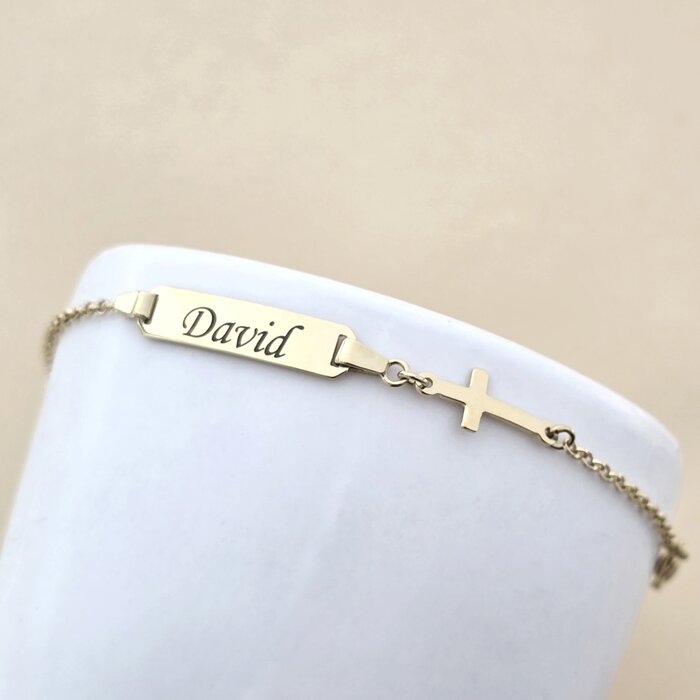 Bratara bebe - Placuta cu nume - Simbol cruciulita si lantisor - Argint 925 placat cu Aur Galben 18K