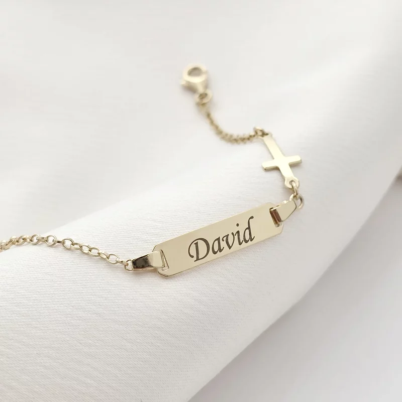Bratara bebe - Placuta cu nume - Simbol cruciulita si lantisor - Argint 925 placat cu Aur Galben 18K picture - 1