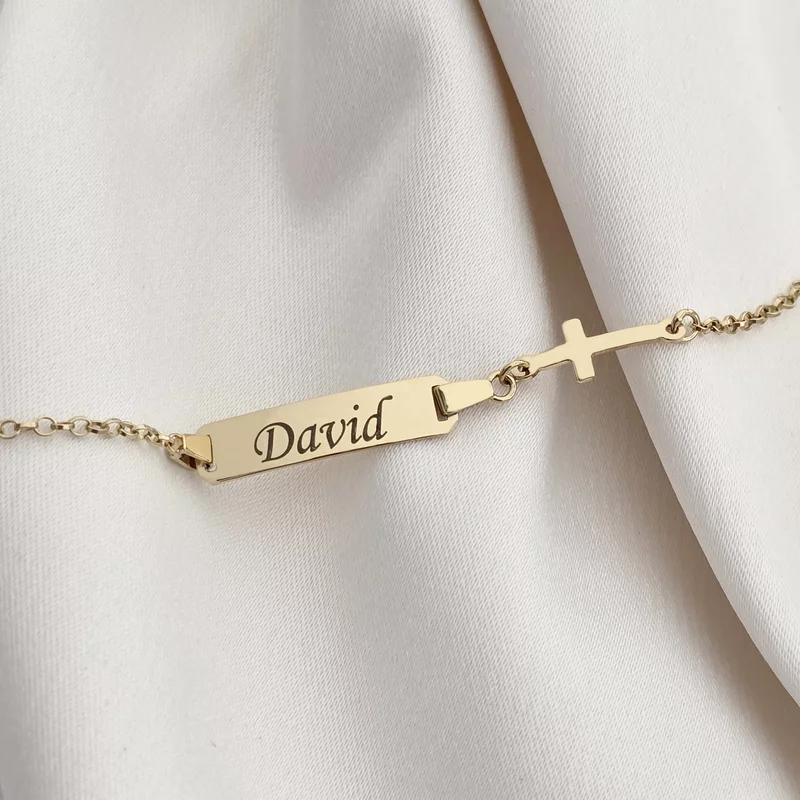Bratara bebe - Placuta cu nume - Simbol cruciulita si lantisor - Argint 925 placat cu Aur Galben 18K picture - 4