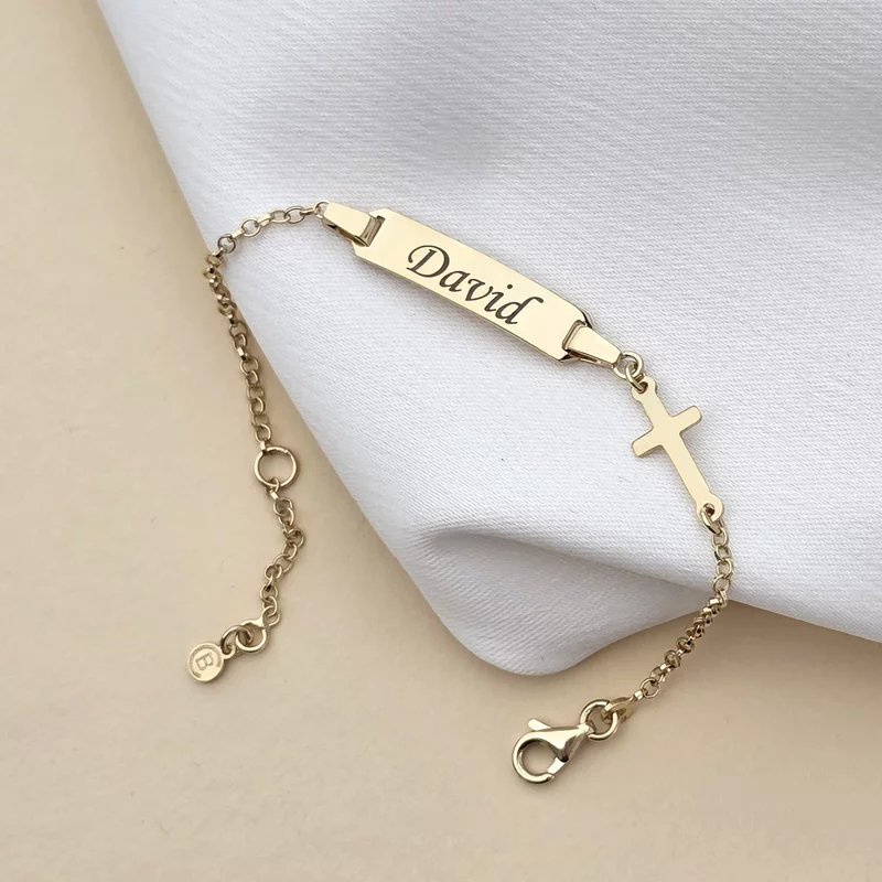 Bratara bebe - Placuta cu nume - Simbol cruciulita si lantisor - Argint 925 placat cu Aur Galben 18K picture - 3