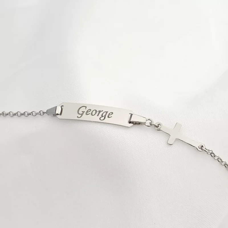 Bratara bebe - Placuta cu nume - Simbol cruciulita si lantisor - Argint 925 Rodiat picture - 4