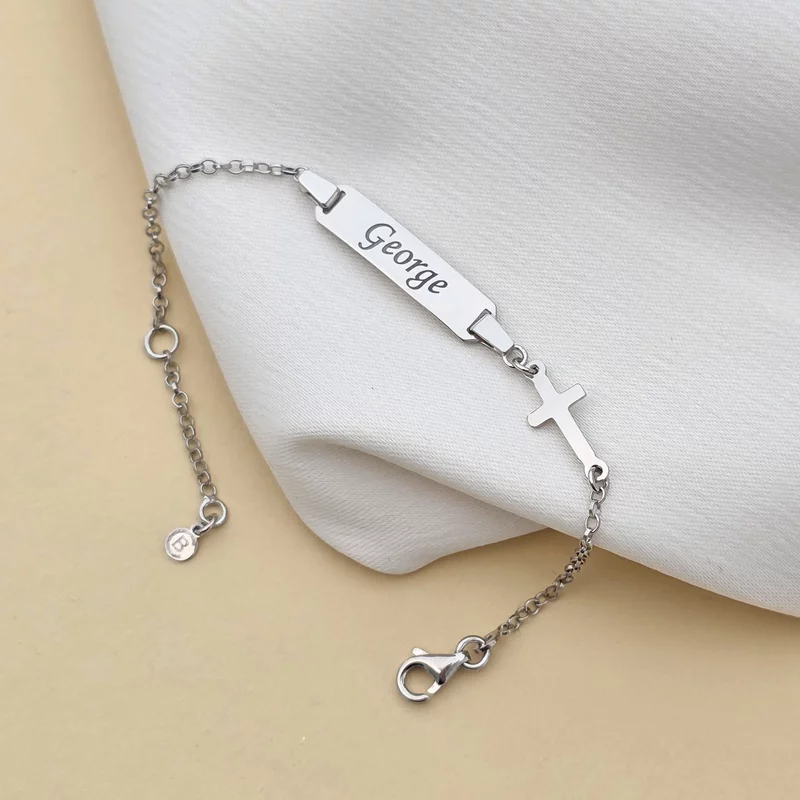 Bratara bebe - Placuta cu nume - Simbol cruciulita si lantisor - Argint 925 Rodiat picture - 3