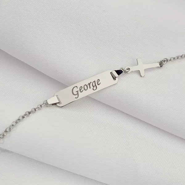 Bratara bebe - Placuta cu nume - Simbol cruciulita si lantisor - Argint 925 Rodiat