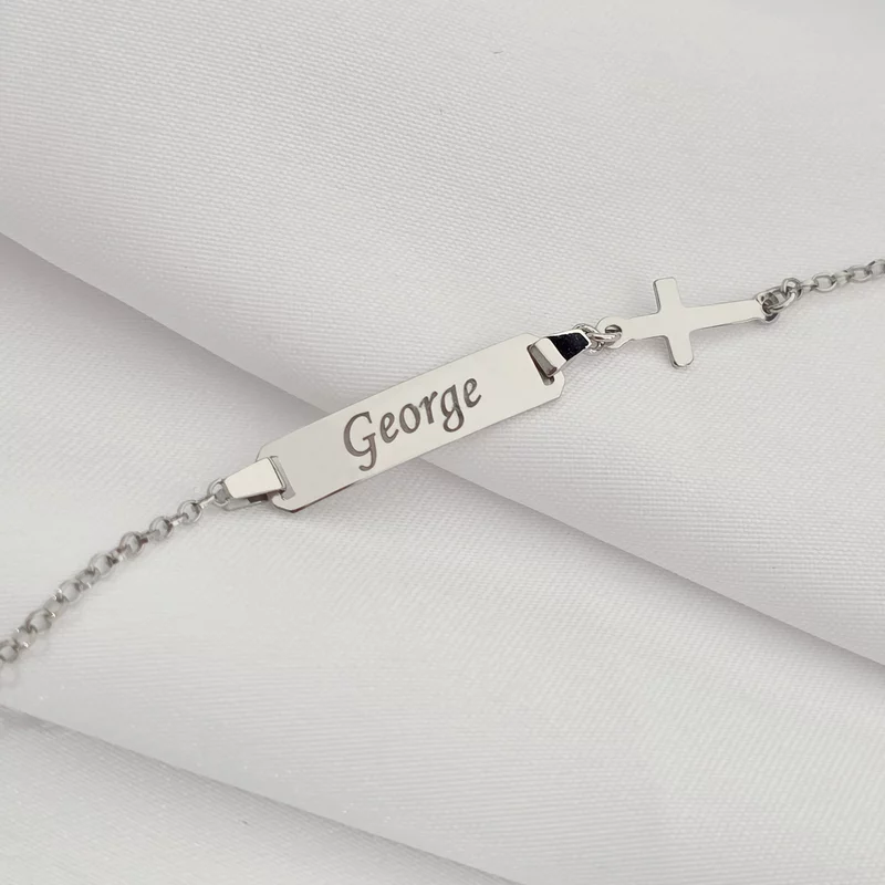 Bratara bebe - Placuta cu nume - Simbol cruciulita si lantisor - Argint 925 Rodiat picture - 1