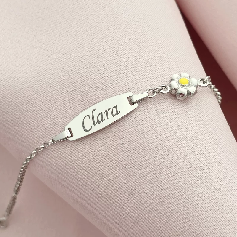 Bratara bebe - Placuta cu nume - Simbol floare colorata si lantisor - Argint 925