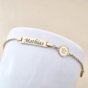 Bratara bebe - Placuta cu nume - Simbol ingeras si lantisor - Argint 925 placat cu Aur Galben 18K