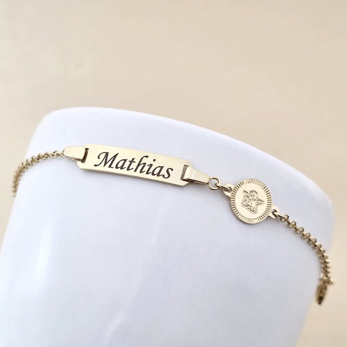 Bratara bebe - Placuta cu nume - Simbol ingeras si lantisor - Argint 925 placat cu Aur Galben 18K