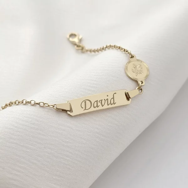 Bratara bebe - Placuta cu nume - Simbol ingeras si lantisor - Argint 925 placat cu Aur Galben 18K