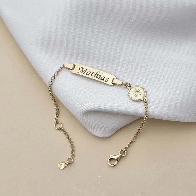 Bratara bebe - Placuta cu nume - Simbol ingeras si lantisor - Argint 925 placat cu Aur Galben 18K picture - 3